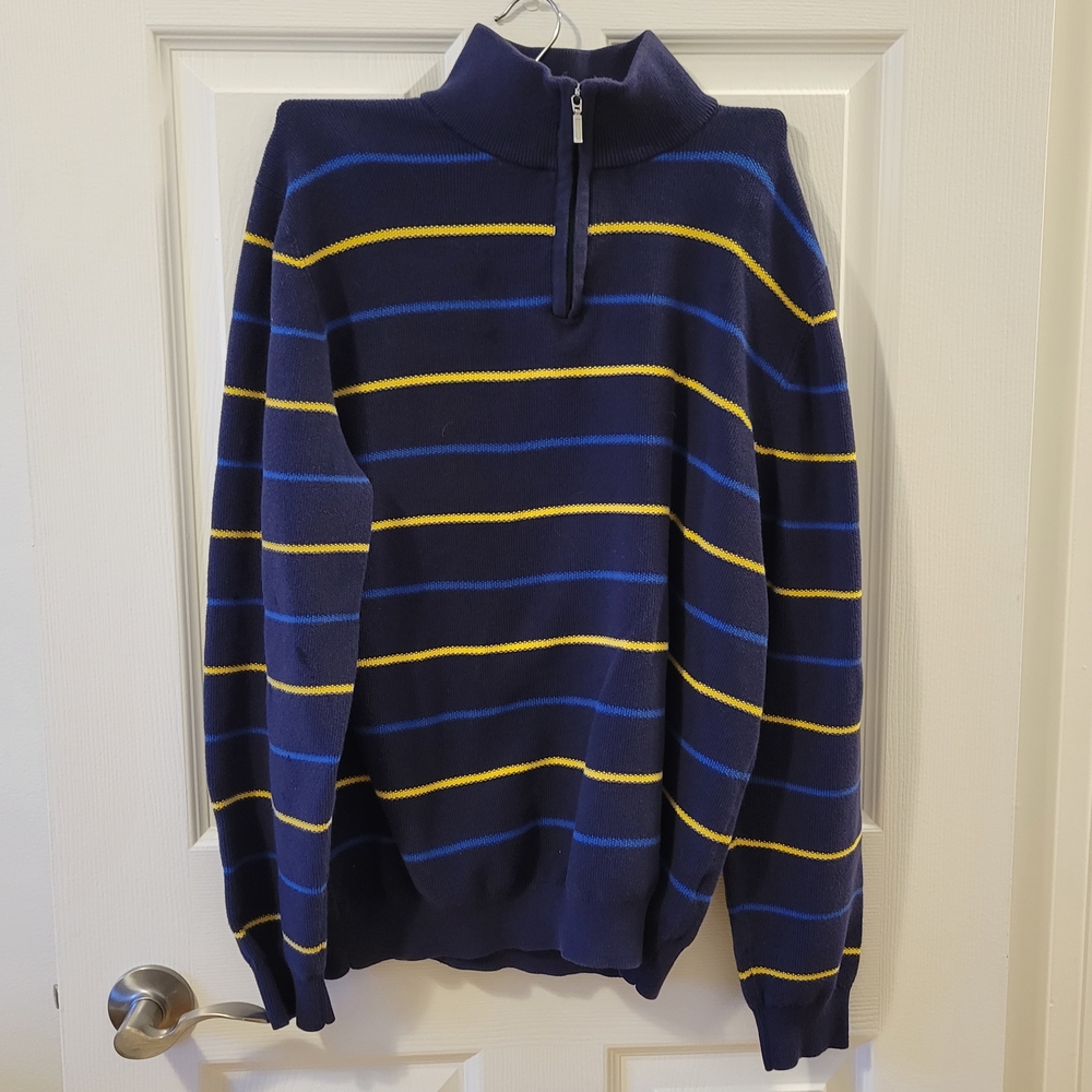 Simons Men's Blue and Yellow Striped Zip-Up Sweater